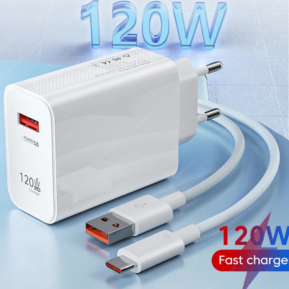Caricatore USB Rapido Gan 120W QC 5.0 Tipo C con Cavo e Adattatore da Muro per iPhone Xiaomi Samsung Huawei Oppo EU/US/UK