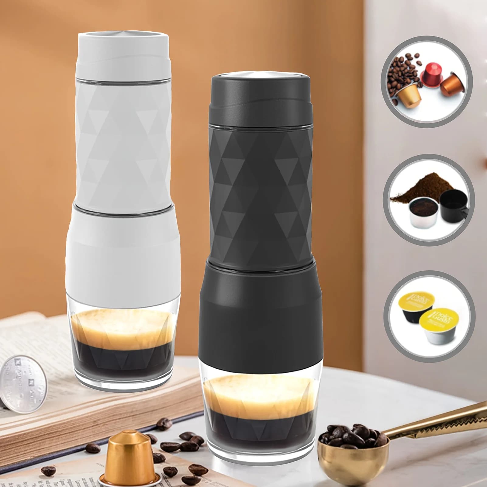 Macchina da Caffè Portatile 3 in 1 con Acqua Calda/Fredda, Macchina per Espresso Manuale per Capsule e Caffè Macinato, per Escursioni e Viaggi