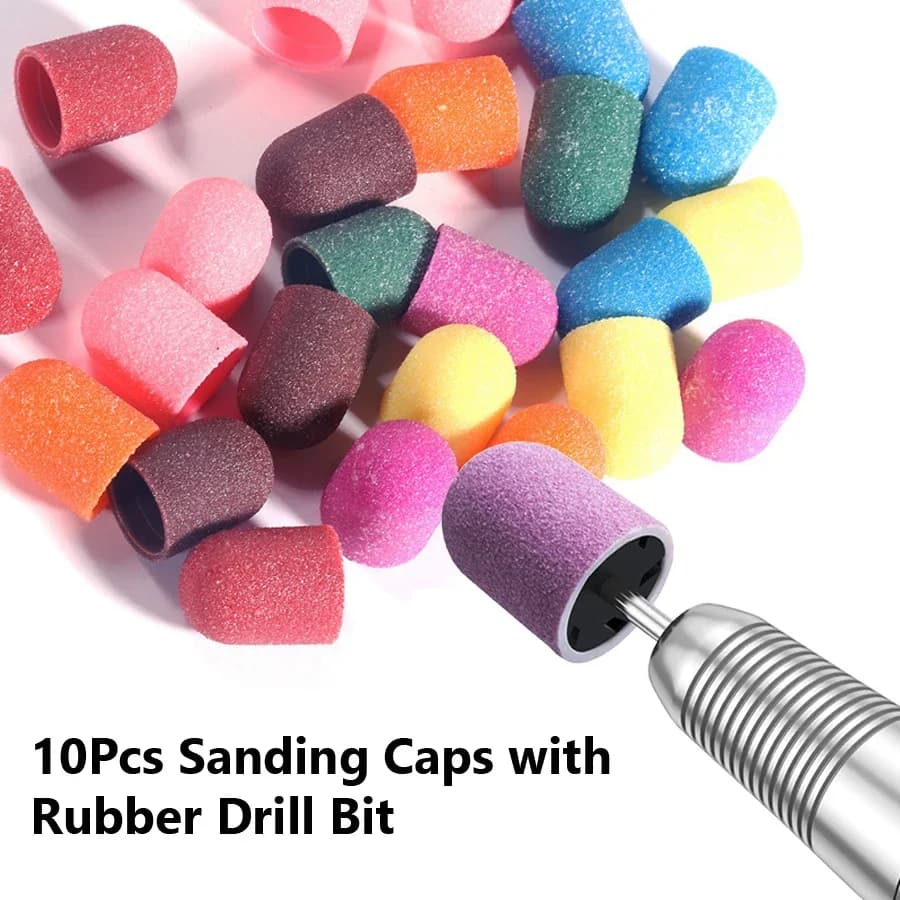 Set of abrasive tips for nail art from 10 pieces, abrasive caps with rubber tip for removing nail gel, manicure and pedicure