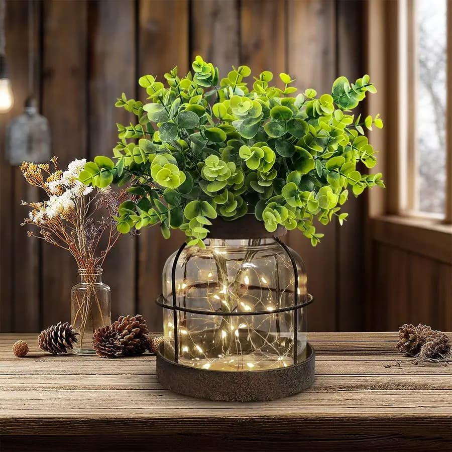Vasi in Vetro Stile Rustico con Piante Artificiali di Eucalipto e Luci, Lanterna Vintage Primitiva, Centrotavola per Arredamento Casa