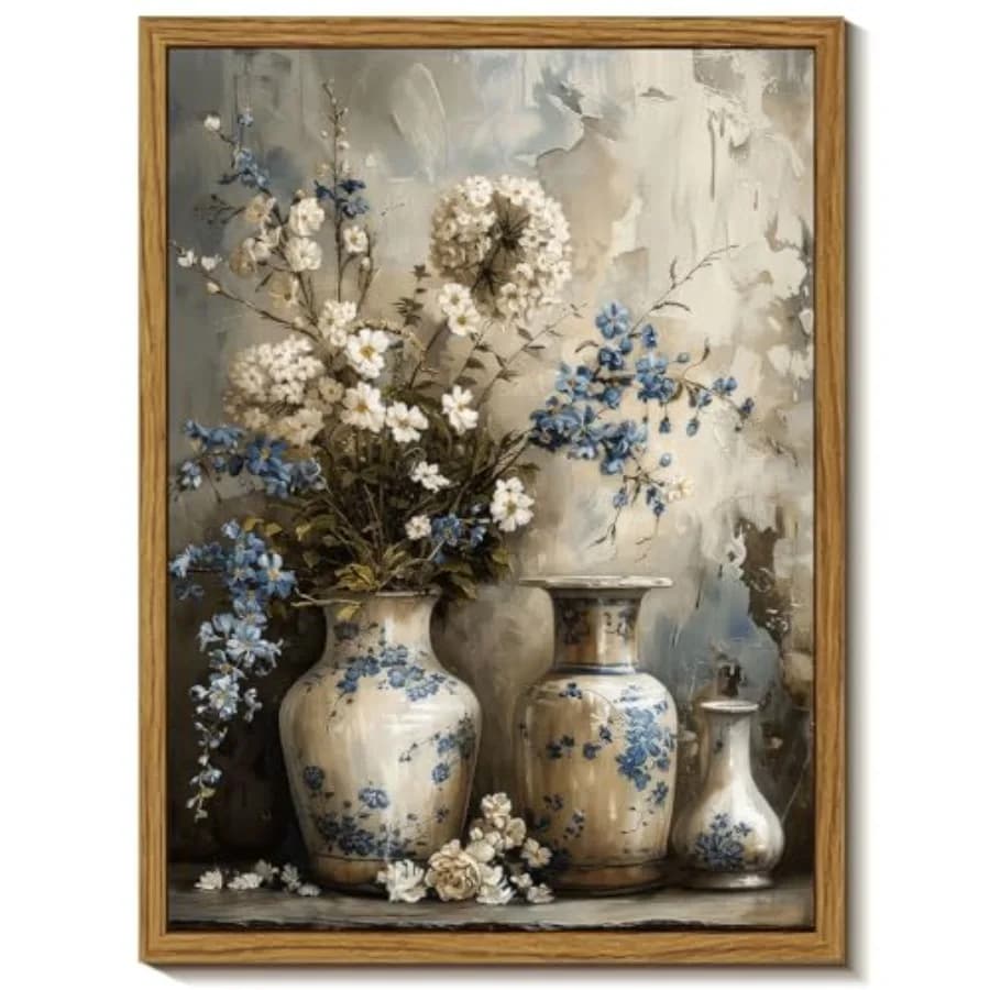 Quadro su tela rustico con fiori e vaso bianco, stampe artistiche vintage di natura morta, immagine elegante di campagna rurale