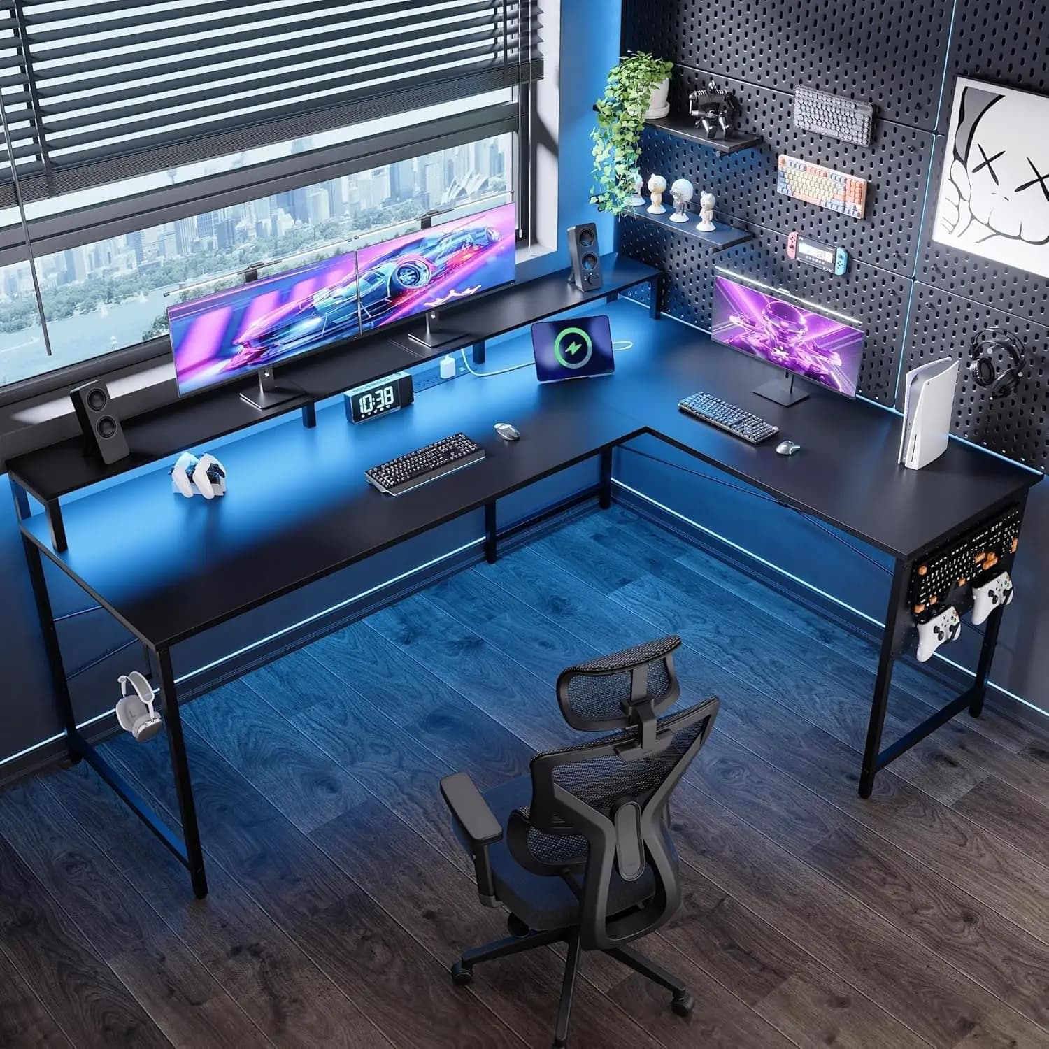 64-inch L Gaming Desk with Current Clamps, LED Lights, Monitor Support and Home Office Panel, Black