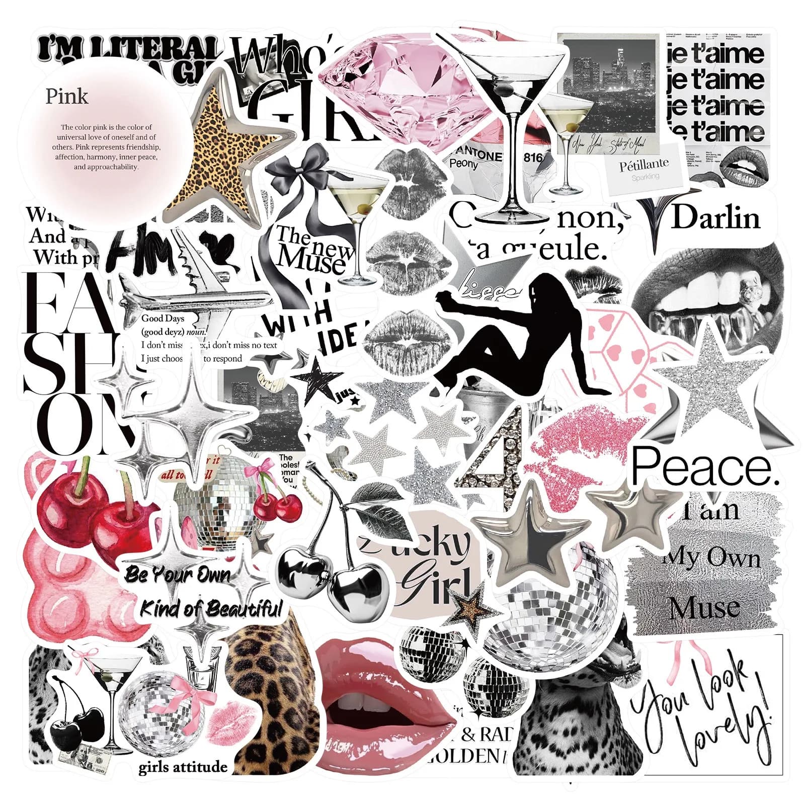 50 Aesthetic Wall decals and Silver Carini with Lucky Girl, Fai-da-Te decorations for Laptop, Telephone, Water bottle, Diary, Square, Bicycle, Car