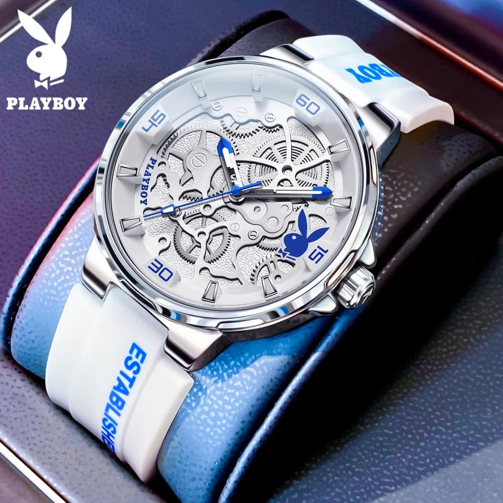 PLAYBOY 3052 Orologio da uomo con movimento al quarzo originale, funzione luminosa, impermeabile fino a 30 m, cinturino in silicone alla moda, orologio unico per uomo