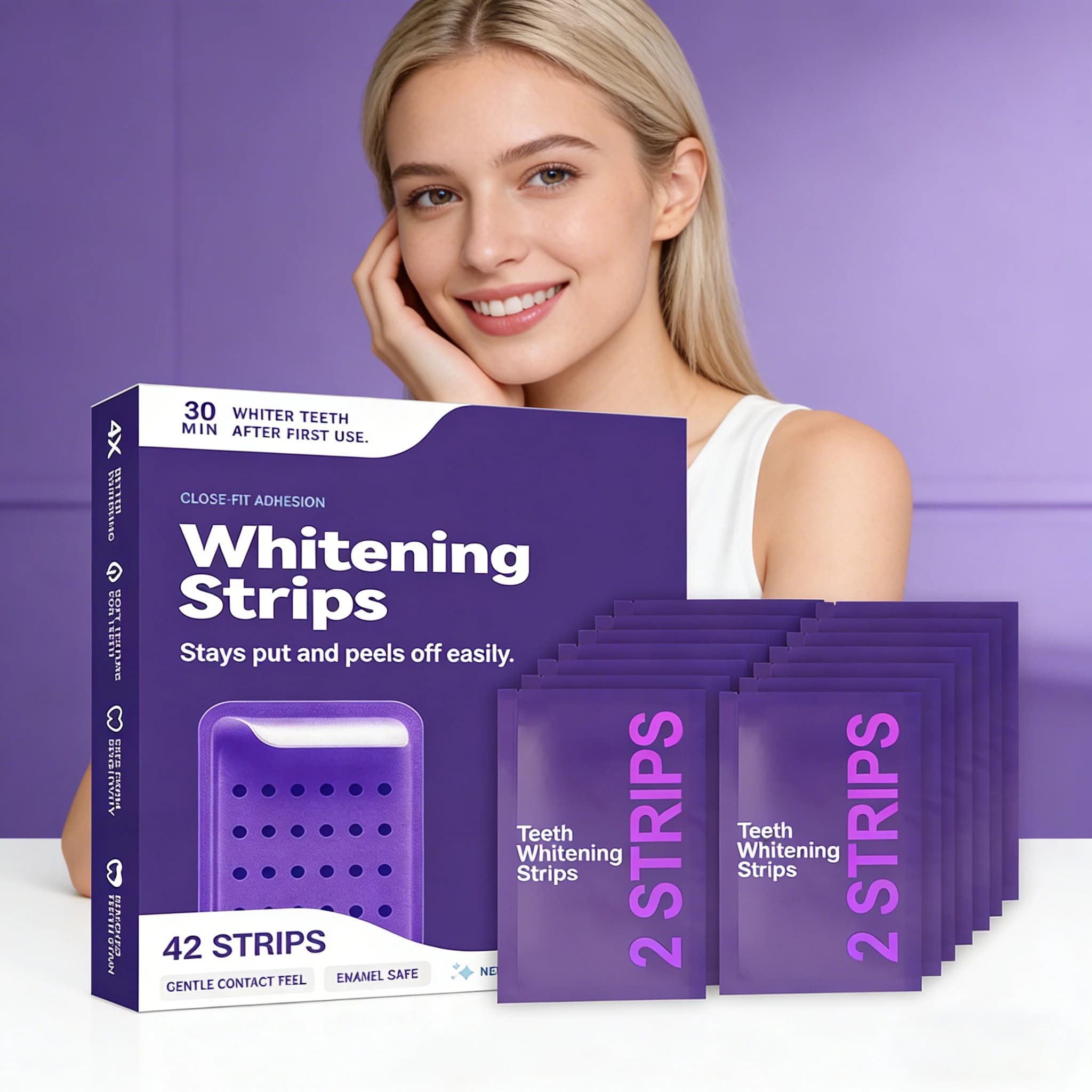 21 Strips Purple Whitenings to Remove the Yellow Plate, Perfect Smile, Menta Fresh Food, Peroxide-free Whitening Strips