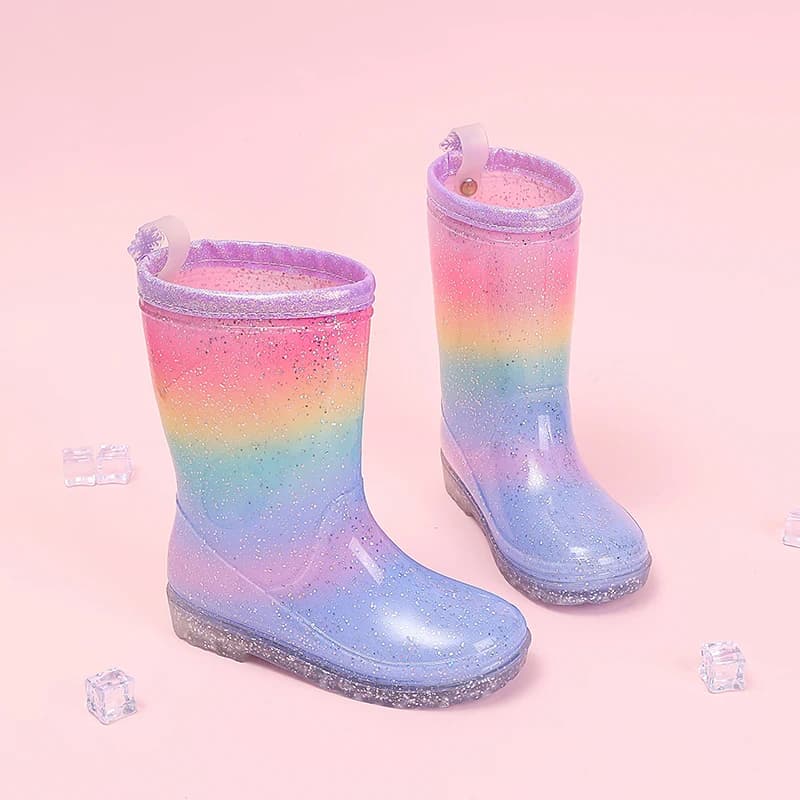 Stivali da Pioggia per Bambine Quattro Stagioni, Scarpe Impermeabili Antiscivolo con Glitter Sfumati Arcobaleno per Bambini