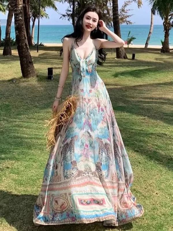 Abito Estivo da Donna Stile Bohemien con Scollo a V e Spalline, Vestito Midi a Trapezio con Stampa Floreale Senza Maniche a Vita Bassa, Stile Coreano per il Lavoro