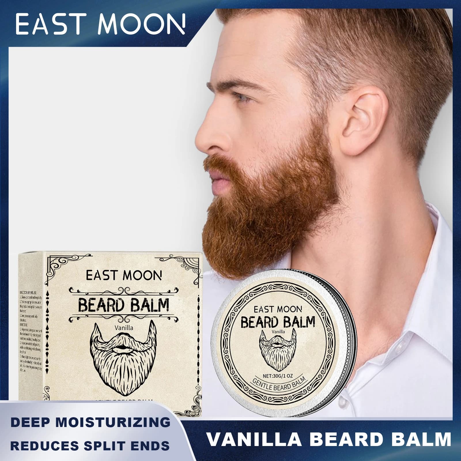 Vanilla beard balm East Moon Deep hydration Reduces split tips Promotes growth Light texture soften beard care Beauty