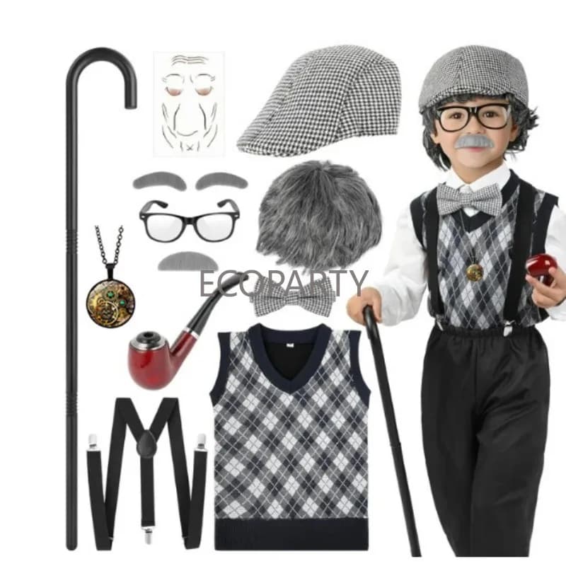 2024 new kids 100 days school costume for boys Halloween old costume hat wig glasses and grandfather vest canna set complete baby
