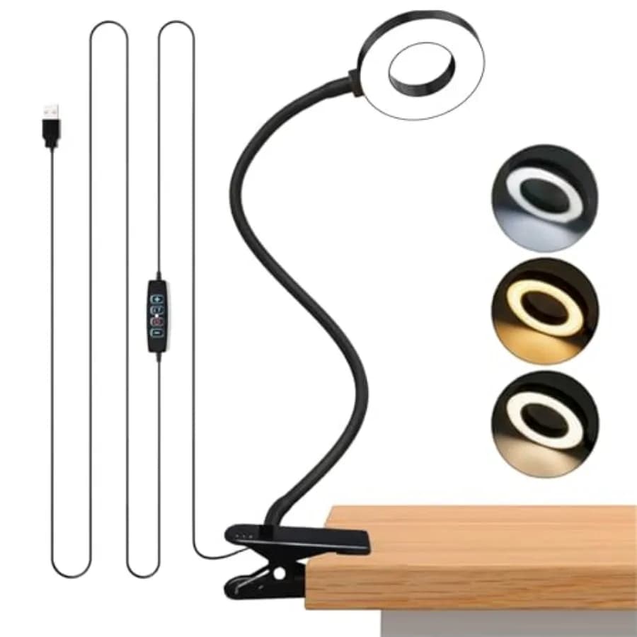 LED Desk Lamp with Clamp, Clip on Book Light for Reading in Bed, 48 LED Reading Light with 3 Colors and 10 Brightness, 15" Goos