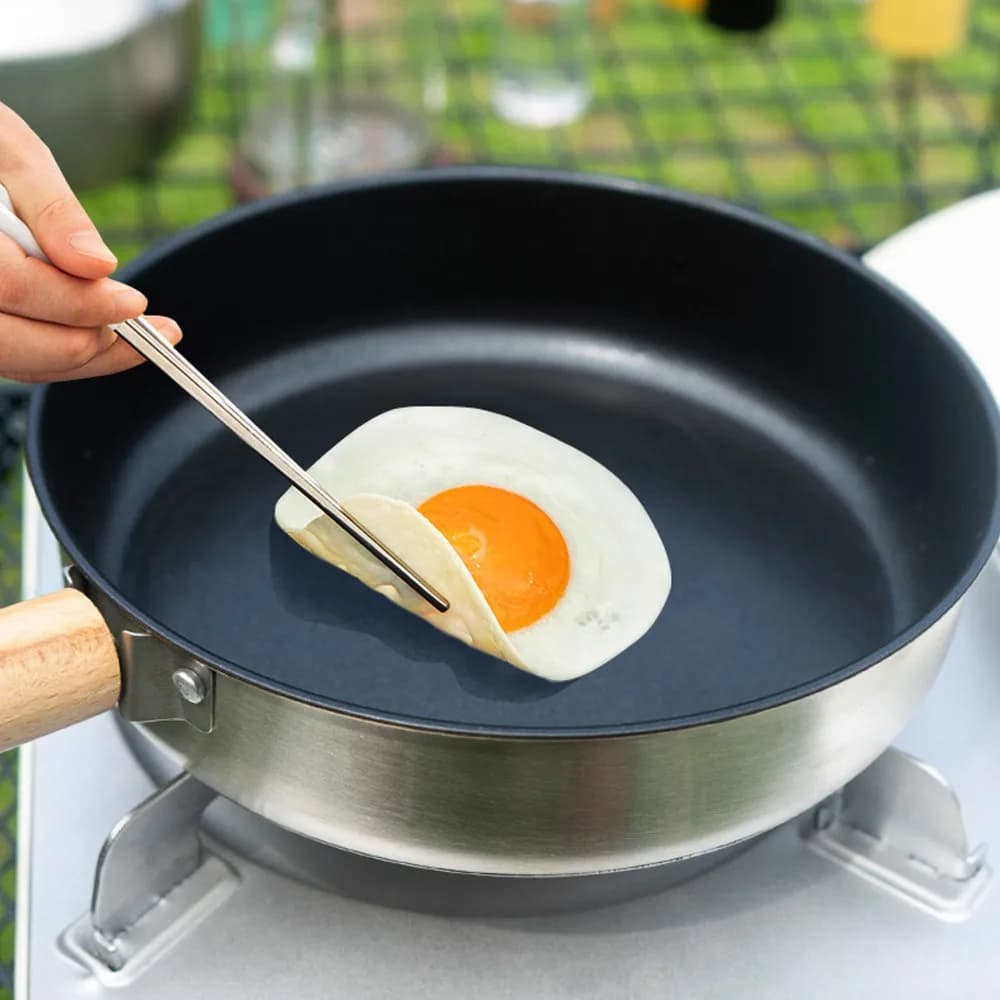 304 Stainless Steel Solid Wood Frying Pan with Handle Silver Black Wooden Color Camping Fry Pan with Storage Bag