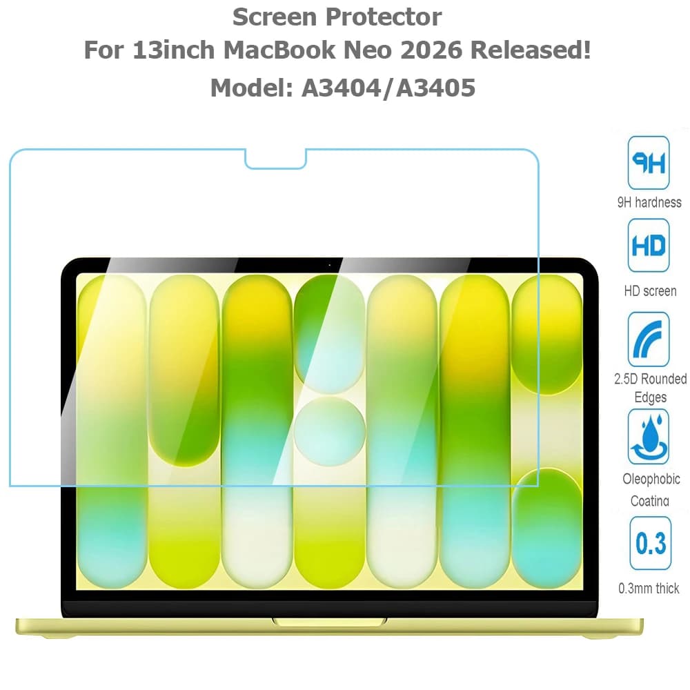 Pellicola Protettiva per MacBook Neo 13 Pollici Modello 2026 A3404 A3405, Vetro Temperato Trasparente 0,3MM 2.5D con Bordo Arcuato, Antigraffio