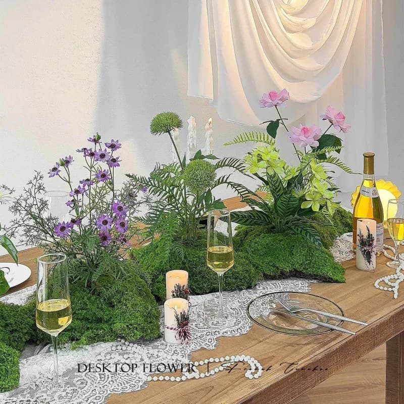 Composizioni floreali da tavolo in stile naturale a base vegetale, muschio e fiori artificiali, ornamenti decorativi, espositori per negozi, verde