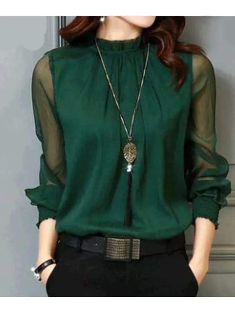 Spring Summer New Lace Chiffon Shirt Women's Wool With Long Sleeved Volant Fashion Casual Top Shirts Elegant Whiteer Green blouse