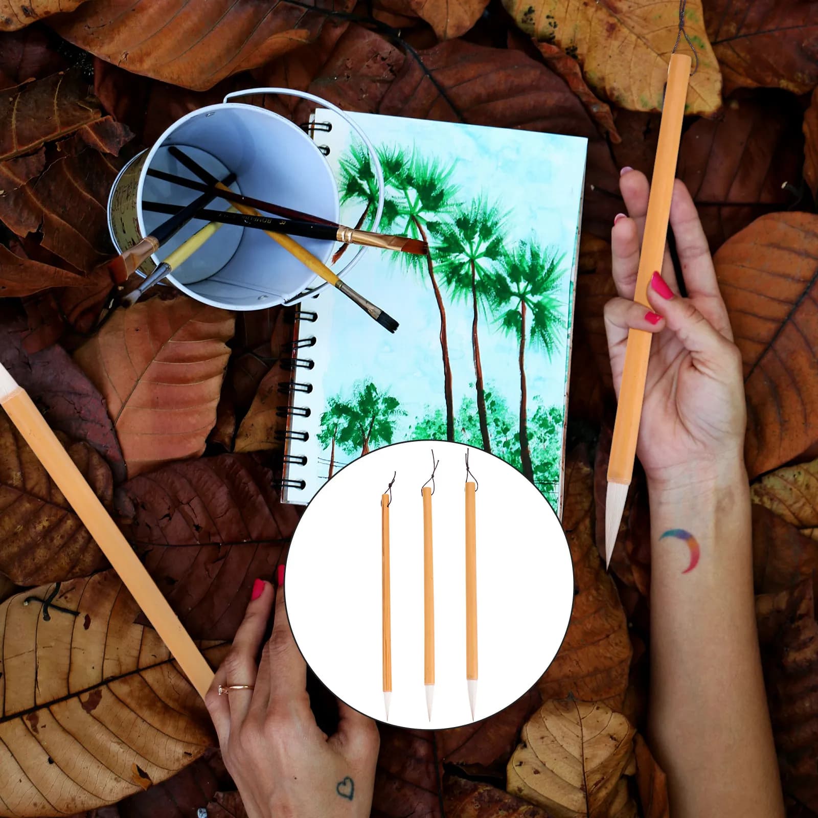 3Pcs Traditional Chinese Calligraphy Brush Pen Set Fine Wool Tip Bamboo Handle Comfortable Grip Ideal for Calligraphy Drawing