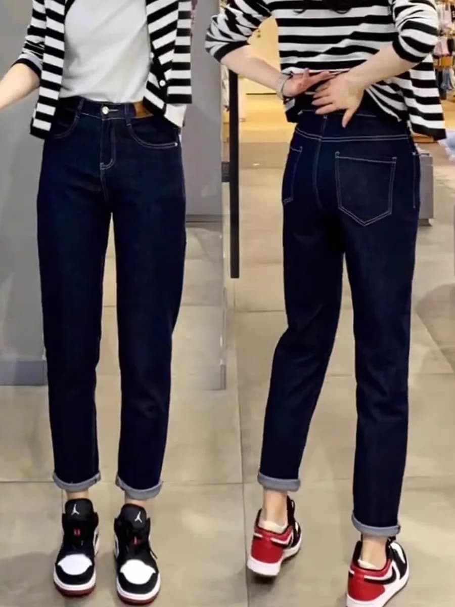 Deep Blue Nine-Tenths Harem Jeans Women's Spring Autumn New Straight Leg Slimming Casual Carrot Pants Cuff Pants