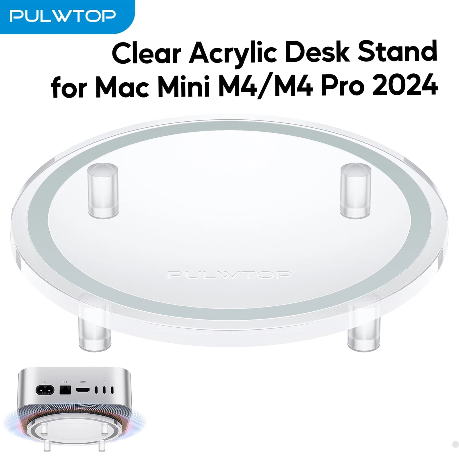 PULWTOP Supporto da scrivania in acrilico trasparente per Mac Mini M4/M4 Pro 2024, supporto minimalista M4 con facile accesso al pulsante di accensione