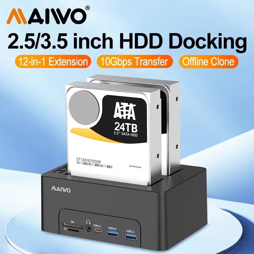 MAIWO 12 In 1 Hard Drive Docking Station 10Gbps with SD/TF 4k HDMI RJ45 3.5mm Audio Port Offline Clone 2.5/3.5 Inch HDD Case