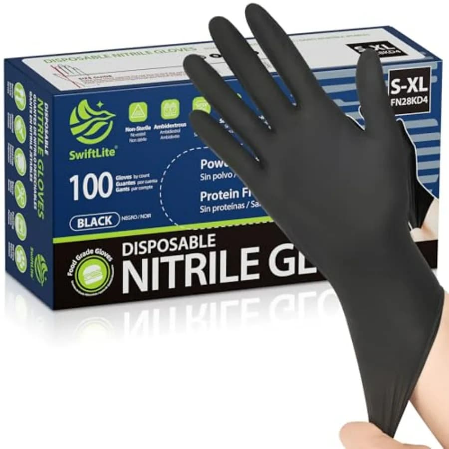 Guanti in Nitrile Neri SWIFTLITE, Guanti Monouso Sicuri per Alimenti Senza Lattice, Guanti in Gomma Senza Polvere per Cucina e Pulizie