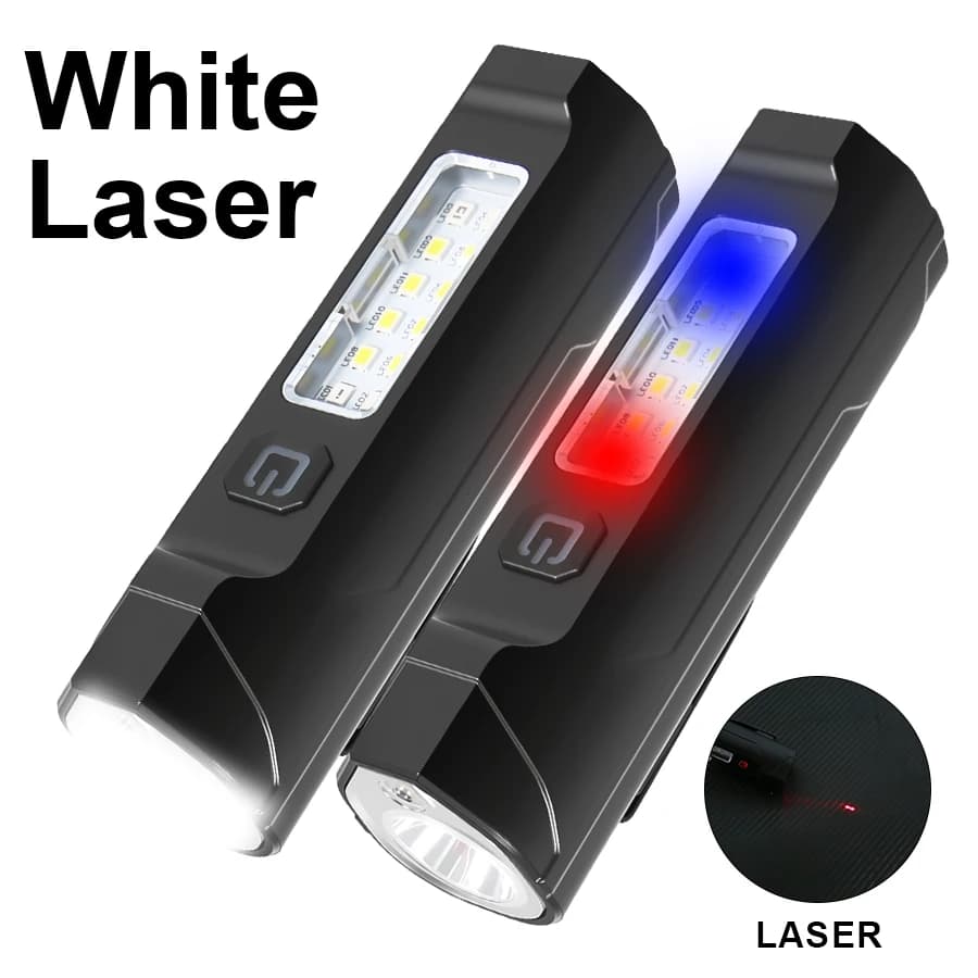 Torcia LED super luminosa Torcia ricaricabile USB Rosso Blu Flash Proiettore COB a doppia sorgente per luce di emergenza da campeggio all'aperto