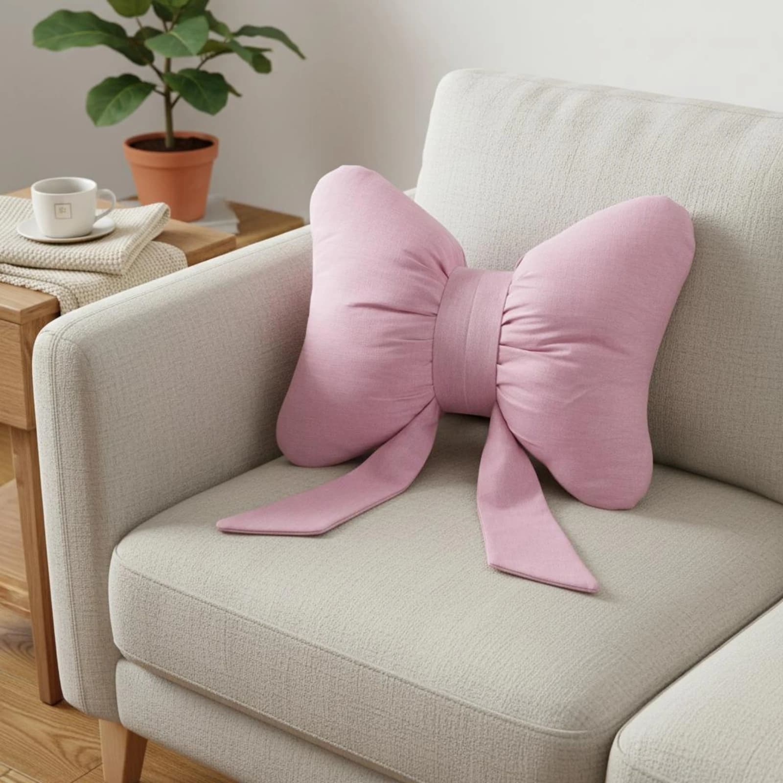 Decorative Bow Pillow Ribbon Ties Bow Cushion Lumbar Support Cushion Padded Home Furnishing Linen-Textured for Sofa, Window Seat