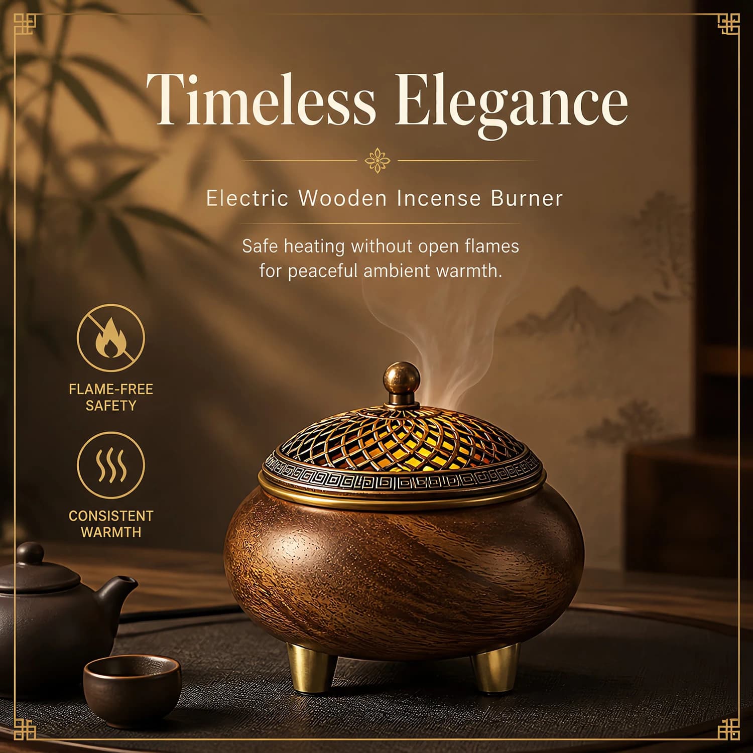 Electronic Incense Burner Wooden Bakhoor Burner Adjustable Temperature Essential Oil Burner for Agarwood Wax Melts Meditation