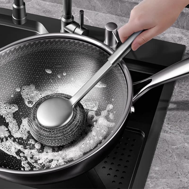 Spazzola per pentole in acciaio inossidabile 304 Spazzola speciale per pentole da cucina Spazzola per palline di lana in acciaio Manico lungo Spazzola per pulizia piatti Strumenti per spazzole per pentole