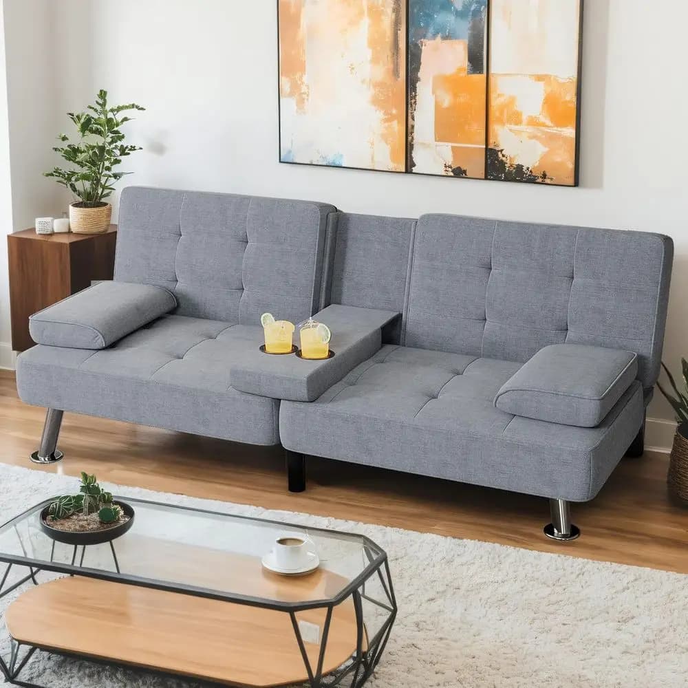 Linen-Covered Convertible Sofa Bed with Removable Armrests, Metal Legs, 2 Cup Holders, Grey for Living Room