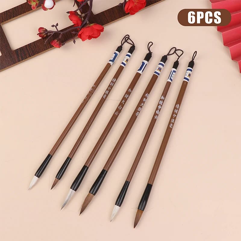 6Pcs Traditional Chinese Calligraphy Brushes Set White Clouds Bamboo Wolf's Hair Writing Brush Painting Practice Writing Tools
