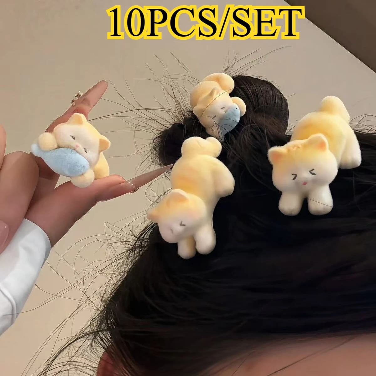 10PCS Flocking Cute Cat Cartoon Plush Kitten Series Hair Clip Sweet Fish Plush Resin Hairpin Kawaii Animal Hair Accessories