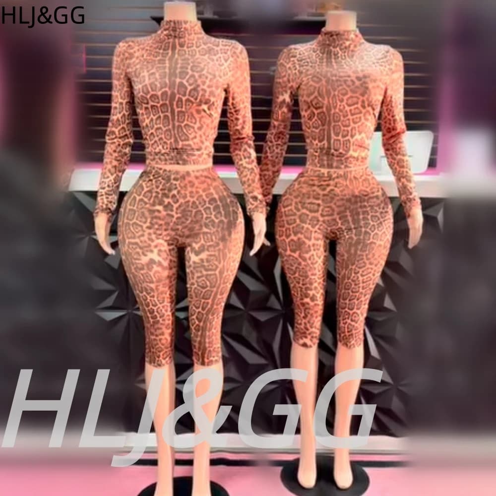 HLJ&GG Fashion Leopard Print Skinny Pants Two Piece Sets Women O Neck Long Sleeve Slim Crop Top And Pants Outfits With Hairband