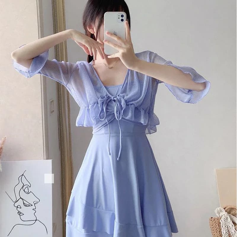 Costume da bagno intero in stile coreano a 2 pezzi con gonna copricostume, set da donna push-up modellante a tinta unita per l'estate e la spiaggia