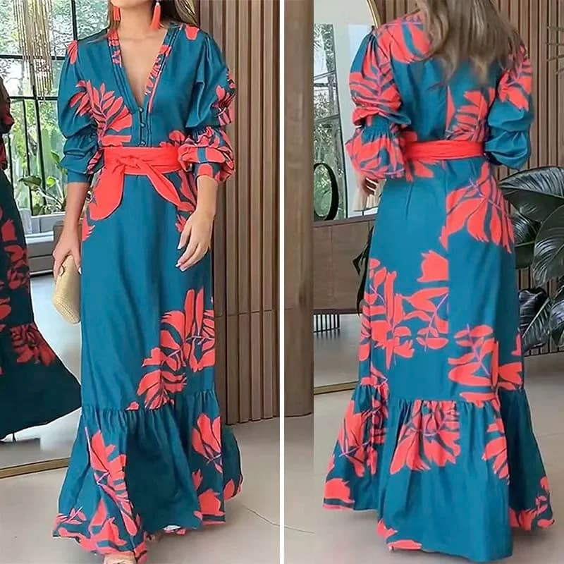 Abito lungo elegante sexy Vestaglie per donna Scollo a V Manica lunga Fiore allentato Laceup Moda Viaggio Casual Plus Abbigliamento femminile