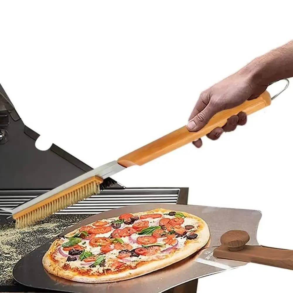 Spazzola per Forno da Cucina da 53,5 cm con Manico in Legno e Raschietto, Spazzola per Pulizia Griglia con Setole in Acciaio Inossidabile Resistenti al Calore