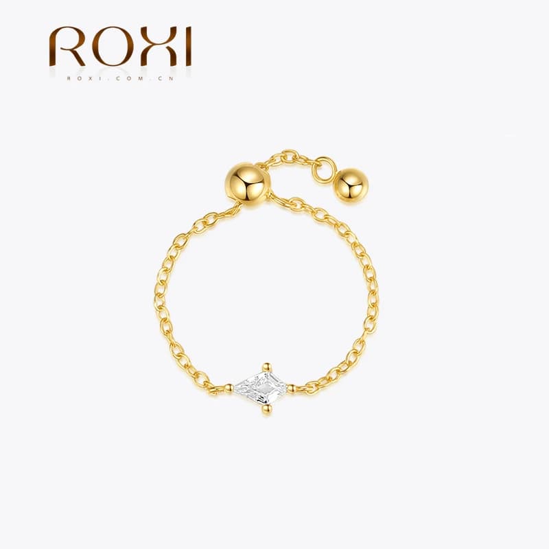 ROXI 925 Sterling Silver Diamond design White Zircon Chain Ring For Women Men 18K Gold Plated Adjustable Finger Ring bague femme