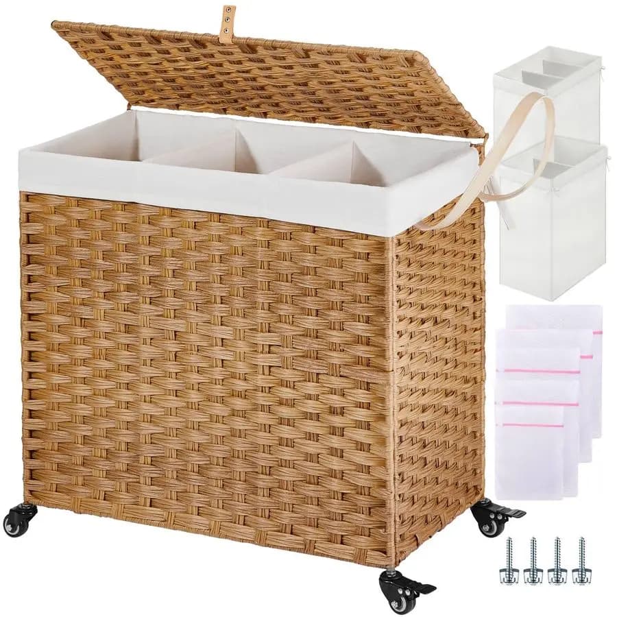 Basket with Wheels and Covers, 130L Large, 3 Parts, with 2 Types of Removable Bags, 5 Bags on the Net, H