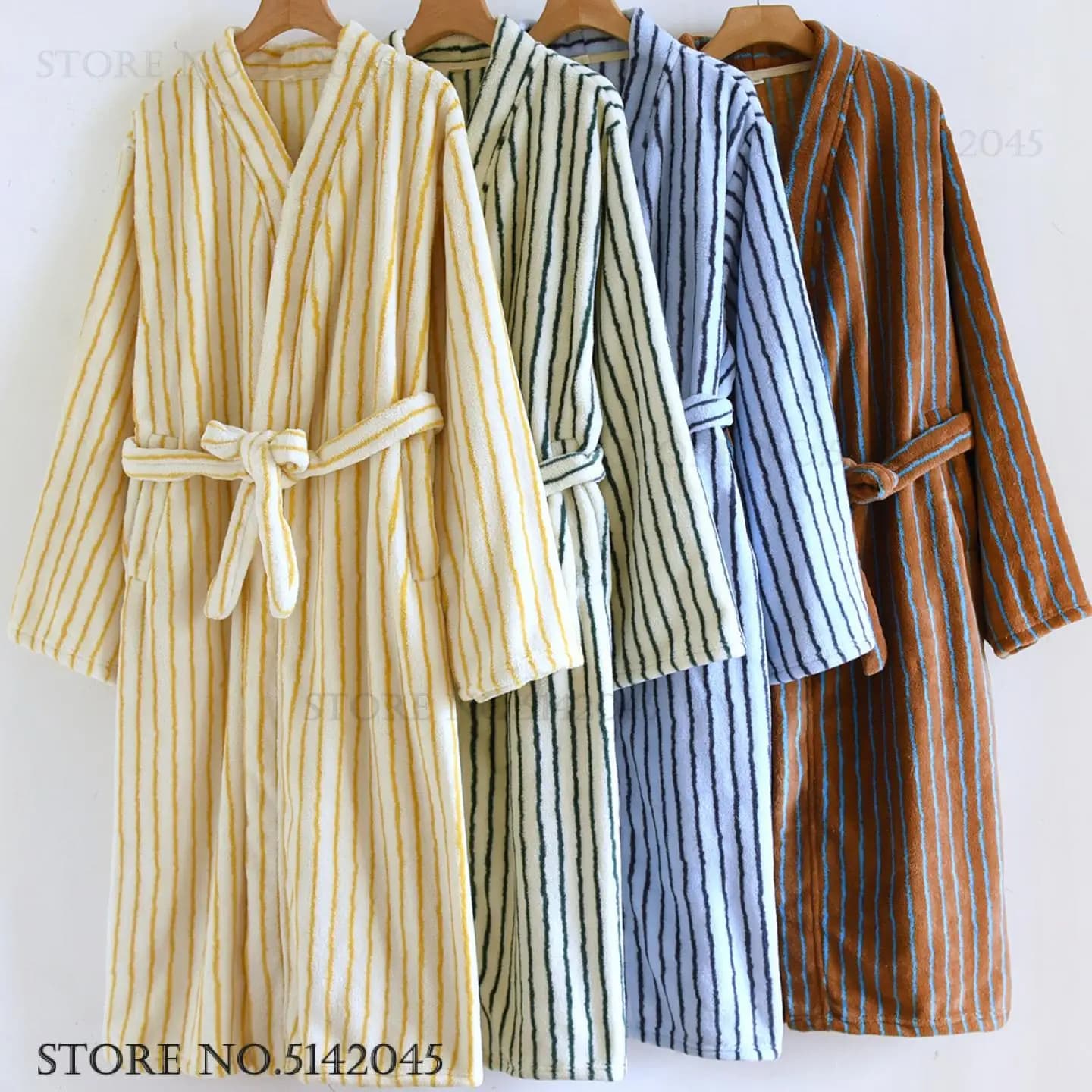 Autumn Winter Women's Dress House Dress Addens Flannel Bathrobe Kimono Dress Striped Printed Dress Nightwear Coral Pile Pile Pigiama