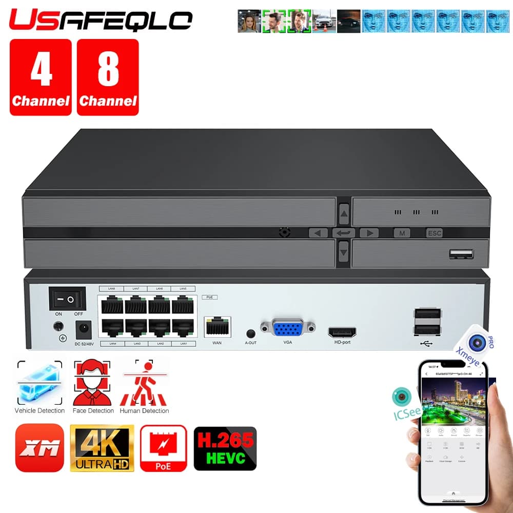 Facial detection H.265 8ch * 4K 4ch/8ch PoE Network recorder PoE NVR 4/8 channels for IP camera HD 8MP 5MP
