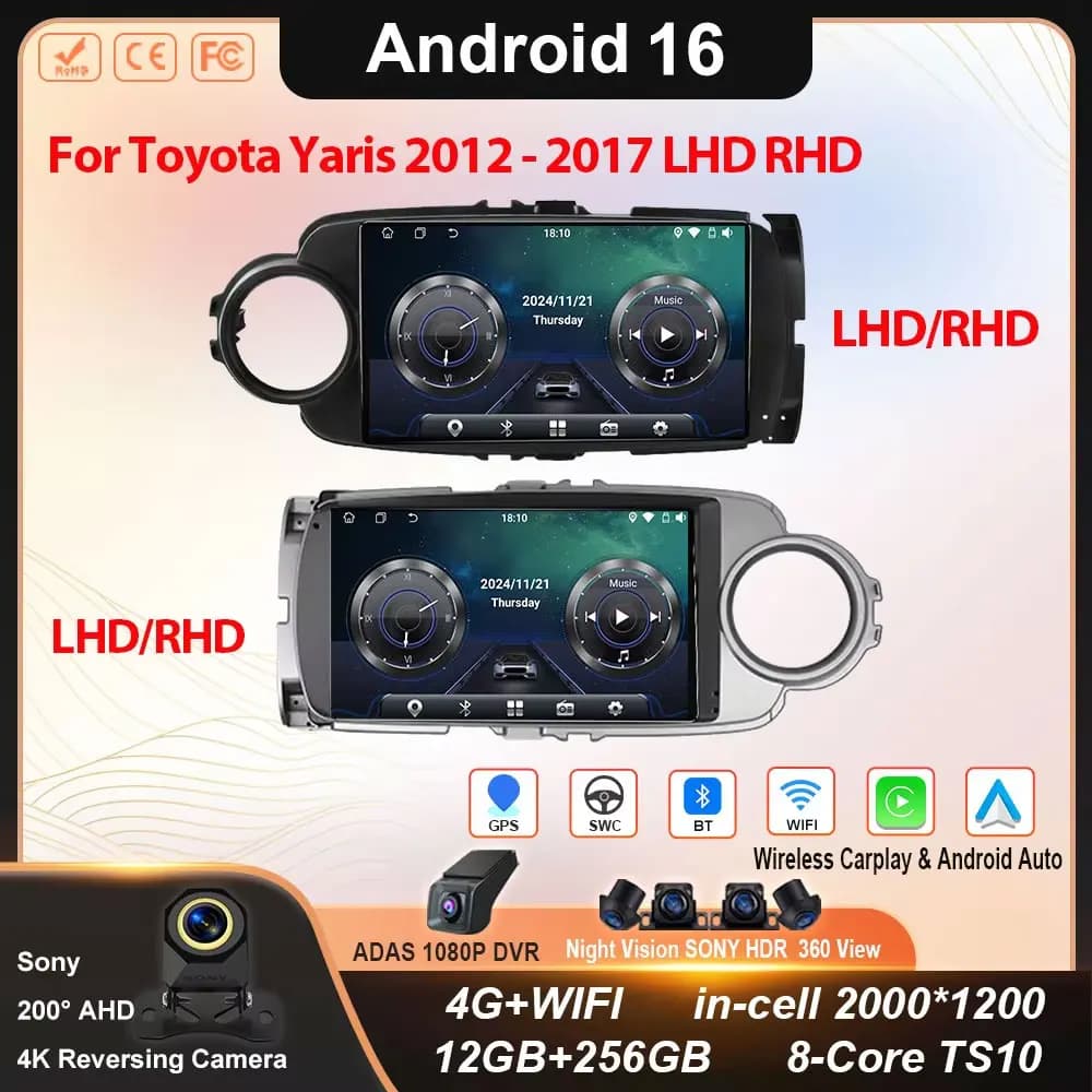 Autoradio Android 14 Carplay For Toyota Yaris 2012 2013 2014 2015 2016 2017 Navigation GPS Multimedia Reader Stereo WIFI BT Auto