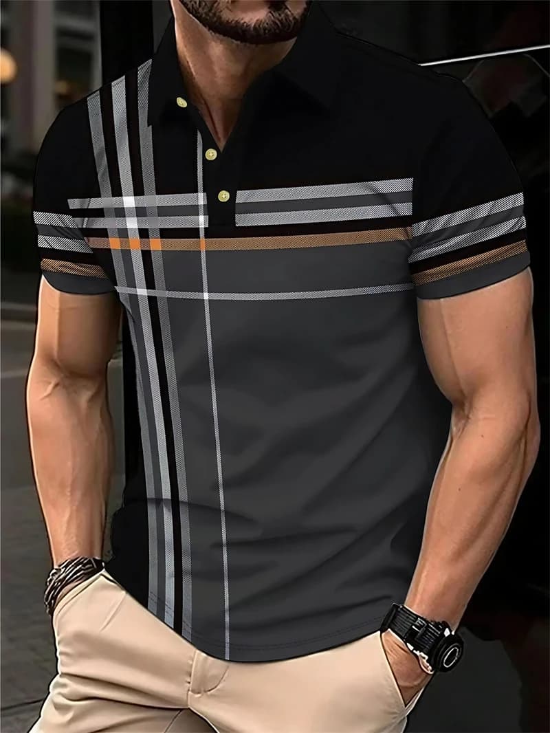 Simple Striped Polo Shirts For Men Summer Casual Short Sleeve 3D Printed Business Polo Shirt Loose Breathable Daily Wear Tees