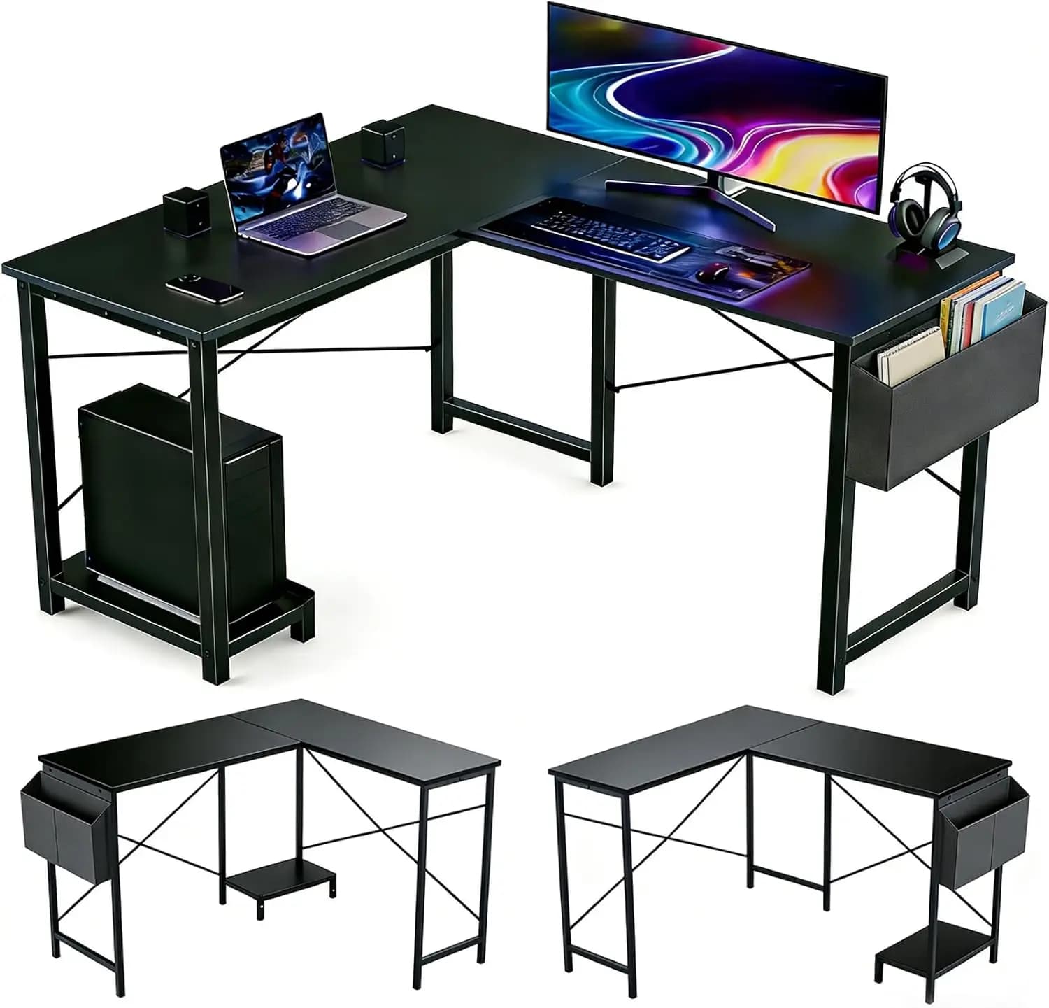 Scrivania per Computer a L Reversibile da 50 Pollici con Supporto CPU e Borsa Portaoggetti, Telaio in Metallo Robusto per Ufficio Domestico e Gaming