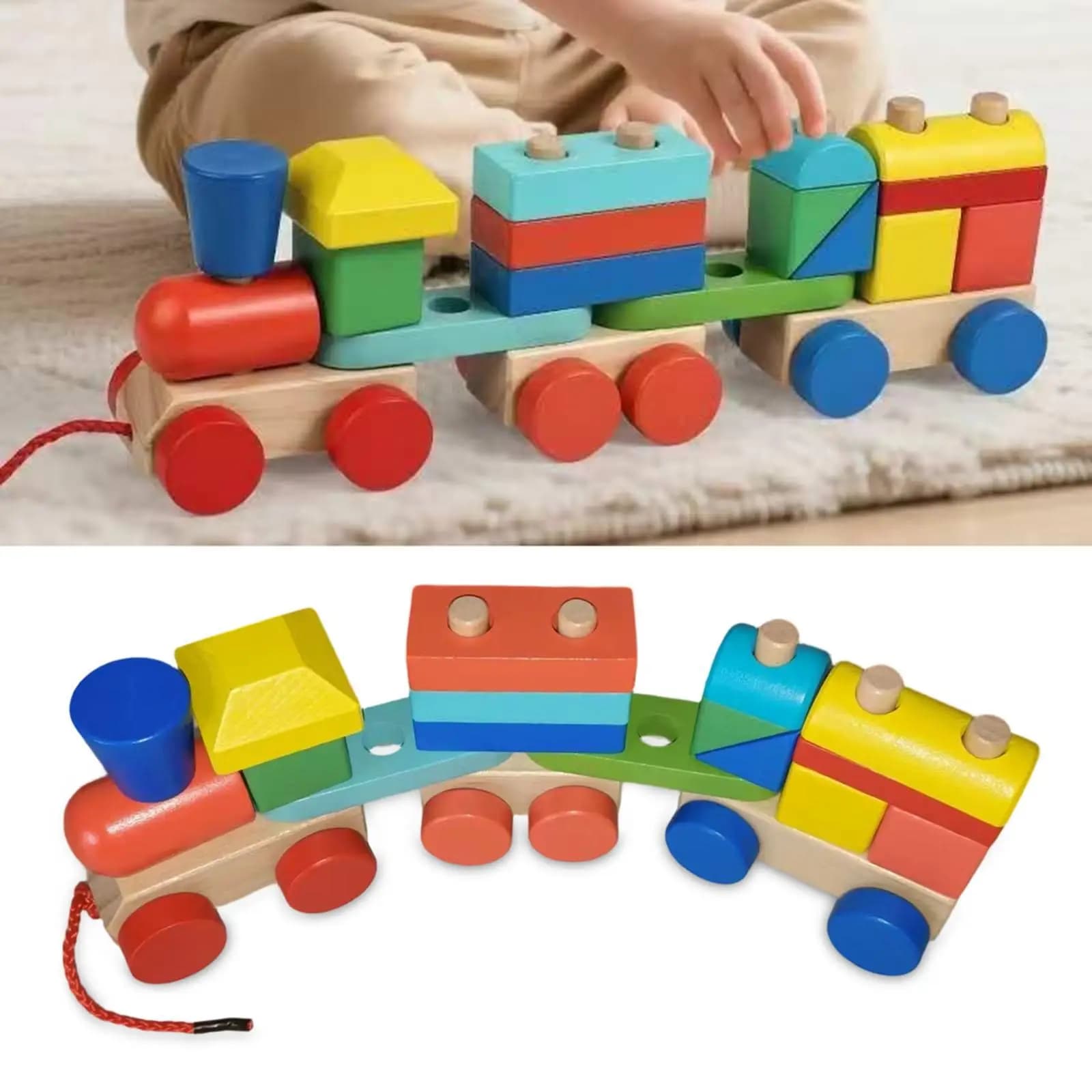 Wooden Stacking Block Train Toy Towable Educational Toy for Kids Preschool