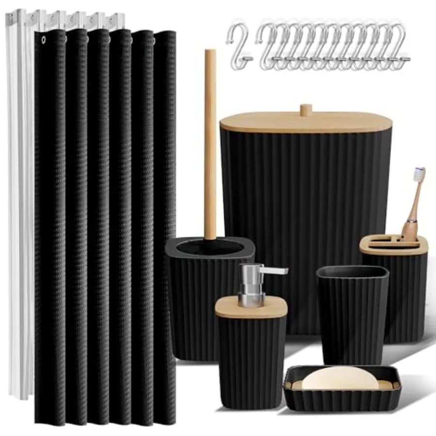 Set di Accessori per il Bagno - Set Completo, Set Tenda Doccia, Scopino WC, Cestino e Dispenser Sapone