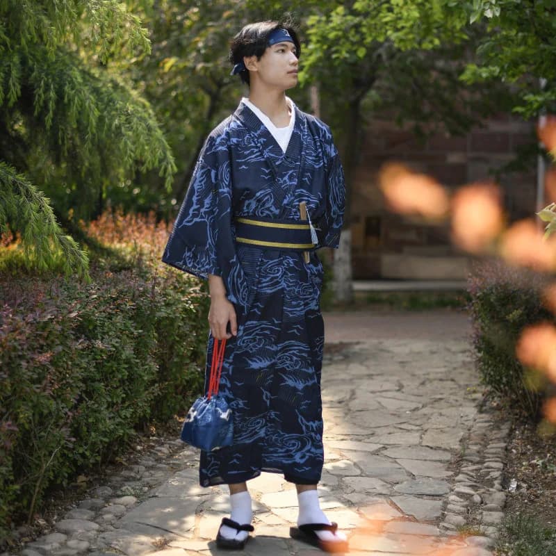 Kimono traditional Japanese Samurai for men Yukata Bathrobe Hekoobi Trained Sauna Wear Homewear Belt Long Dress Cosplay Costume
