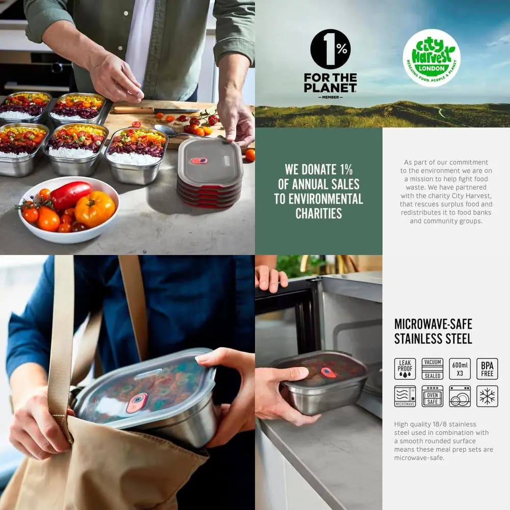 Contenitori Riutilizzabili per la Preparazione dei Pasti - Scatole Pranzo in Acciaio Inossidabile con Coperchi Ermetici per Picnic e Campeggio - Adatti al Microonde e Lavabili in Lavastoviglie