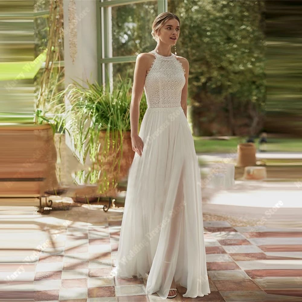 Beautiful Charming A Line Women's Wedding Dresses Halter Lace Appliques Bridal Gowns Mopping Length Vestido De Novias Customized
