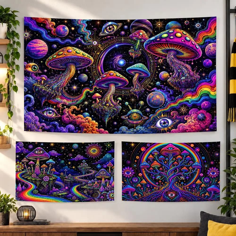 Psychedelic Mushroom Tapestry Durable Soft Microfiber Horizontal Wall Hanging Decor For Bedroom Patio Garden Parties