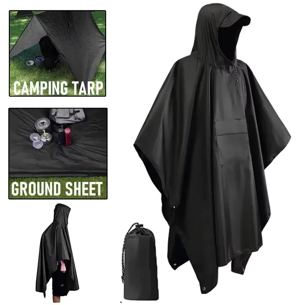 Outdoor Military Raincoat 3 in 1 Hooded Sleeve Waterproof Rain Poncho Rain Cover for Motorcycle Camping Tent for Travel Hiking