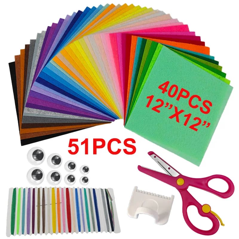 51 set di kit per cucito fai da te, tessuto in feltro non tessuto quadrato 30x30 cm spessore 1 mm, forbici, occhi mobili, aghi e filo