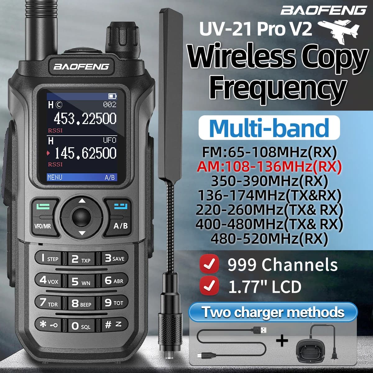 Baofeng UV-21 PRO Wireless copy frequency Walkie Talkie Multi-Band AM FM 999 channels Long-range type C charger Radio Amateurs UV-5R